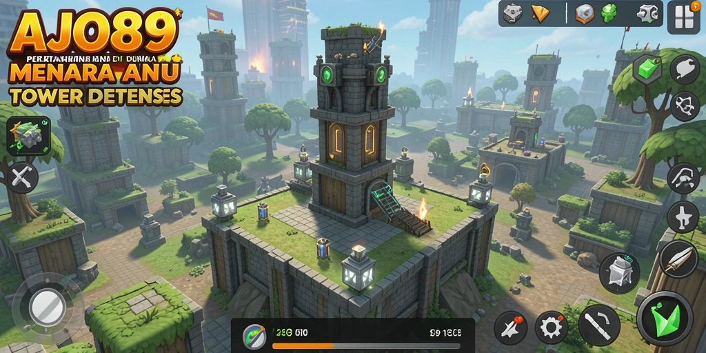 Screenshot AJO89 menampilkan aksi menara yang mendebarkan di battlefield Tower Defense.