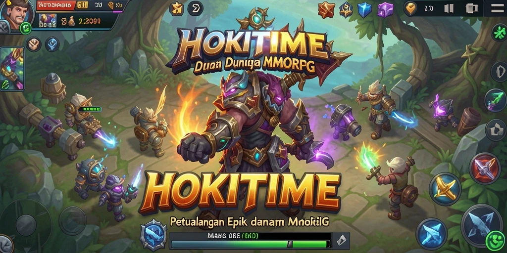 Tangkapan layar HOKITIME menampilkan aksi pertempuran seru dalam dunia MMORPG.