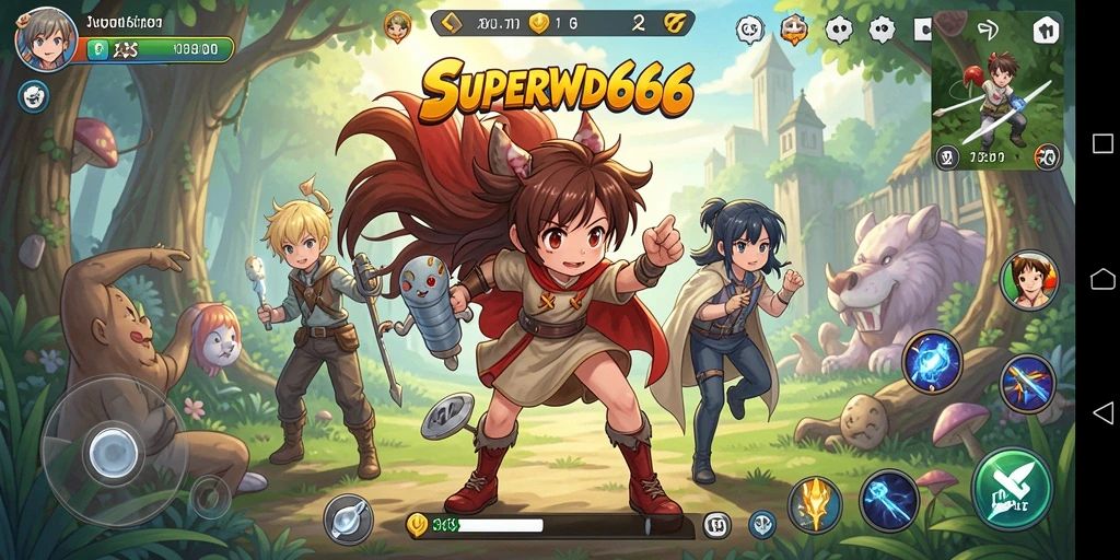 Gameplay SUPERWD666 yang penuh warna dengan karakter anime ikonik.